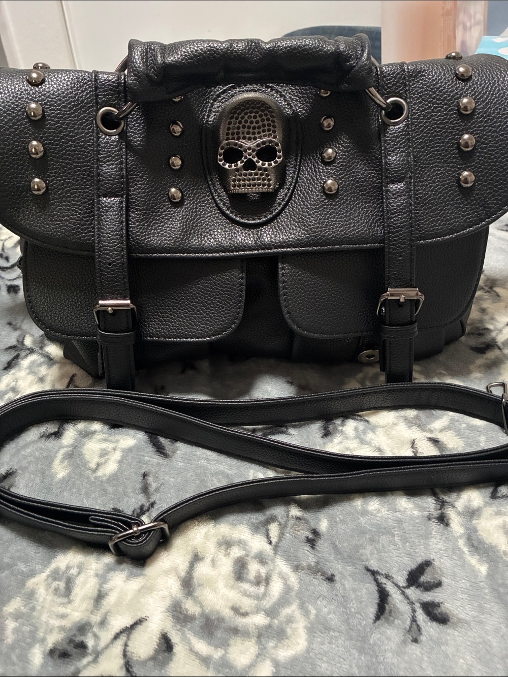 Black Studded Crossbody Satchel with Skull Accent